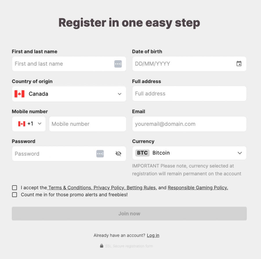 Clicking the ‘Join Now’ green button in the upper right takes you to a registration window, where you'll fill in your details.