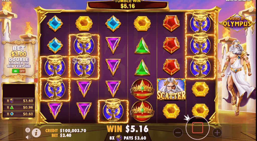 Symbols in the tumbling action may include multipliers, from 2x up to 500x, that apply when part of a winning sequence. This continues until no more wins occur.