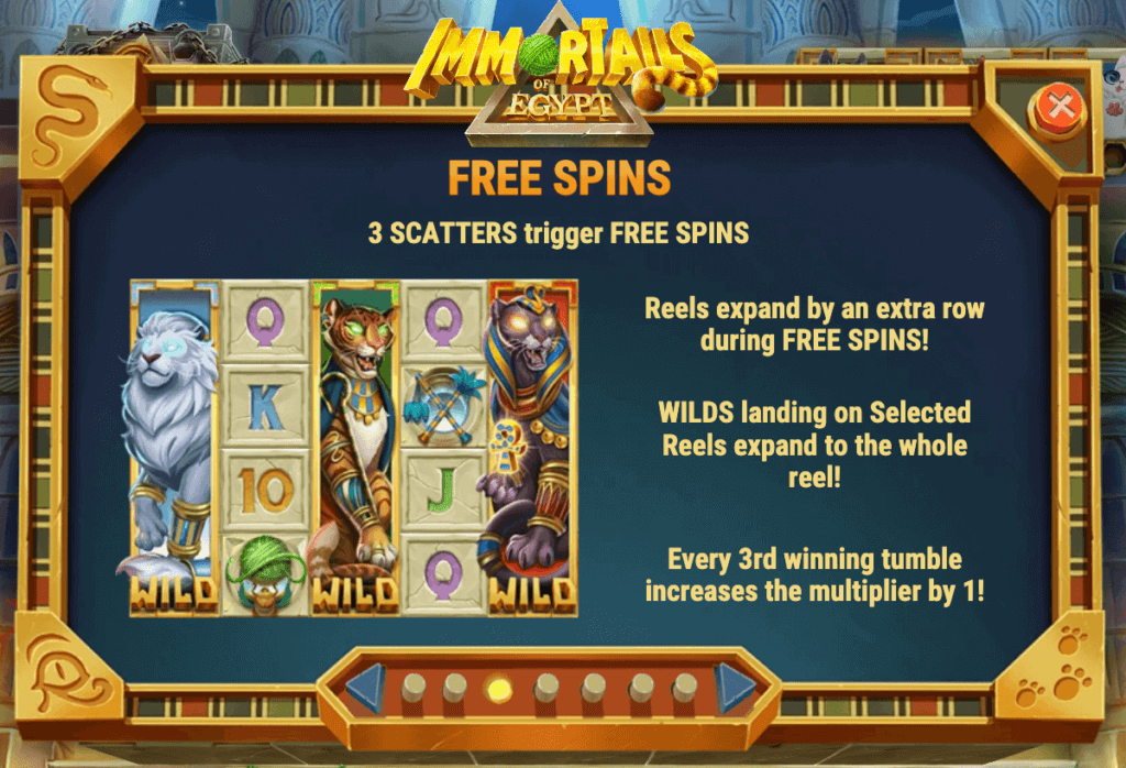 Unlock the free spins bonus round with 3 scatter symbols, beginning with 8 spins, where an extra row appears, and progressive win multipliers engage.
