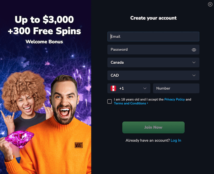 The straightforward signup form ensures no time wasted when joining this Canadian casino.