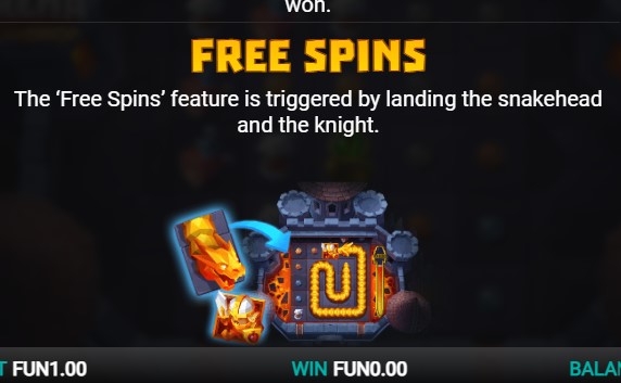 You can trigger the free spins in the Snake Arena Dream Drop slot by landing the snake head on the first reel and a knight elsewhere. During the free spins, a knight joins the grid, and the snake moves towards it.