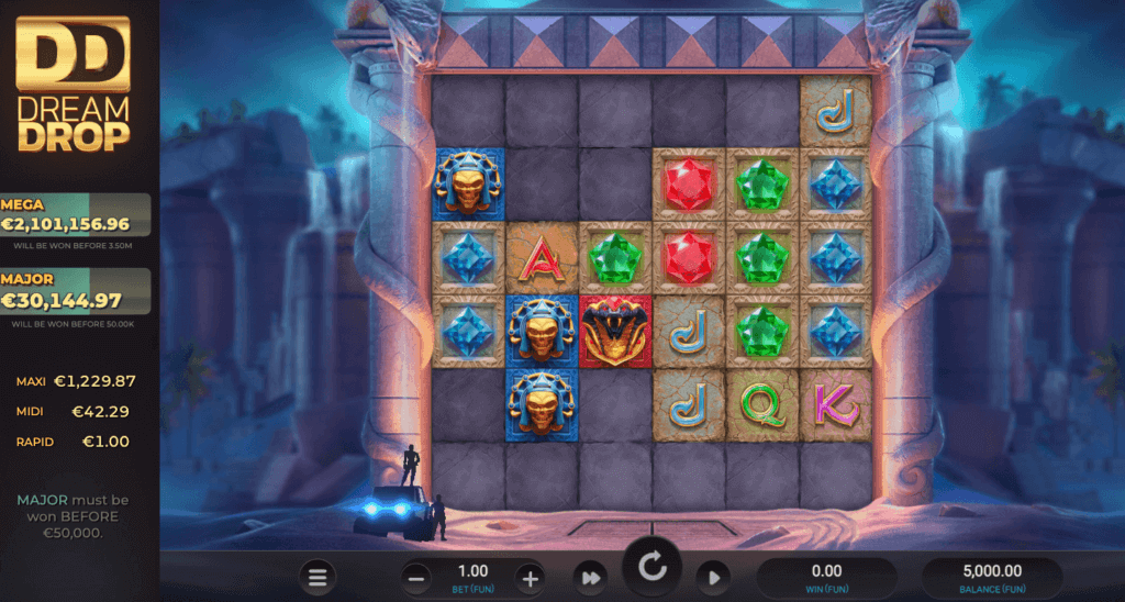 Video slot, 6x6 reel layout, Dream Drop Jackpot bonuses accessible.