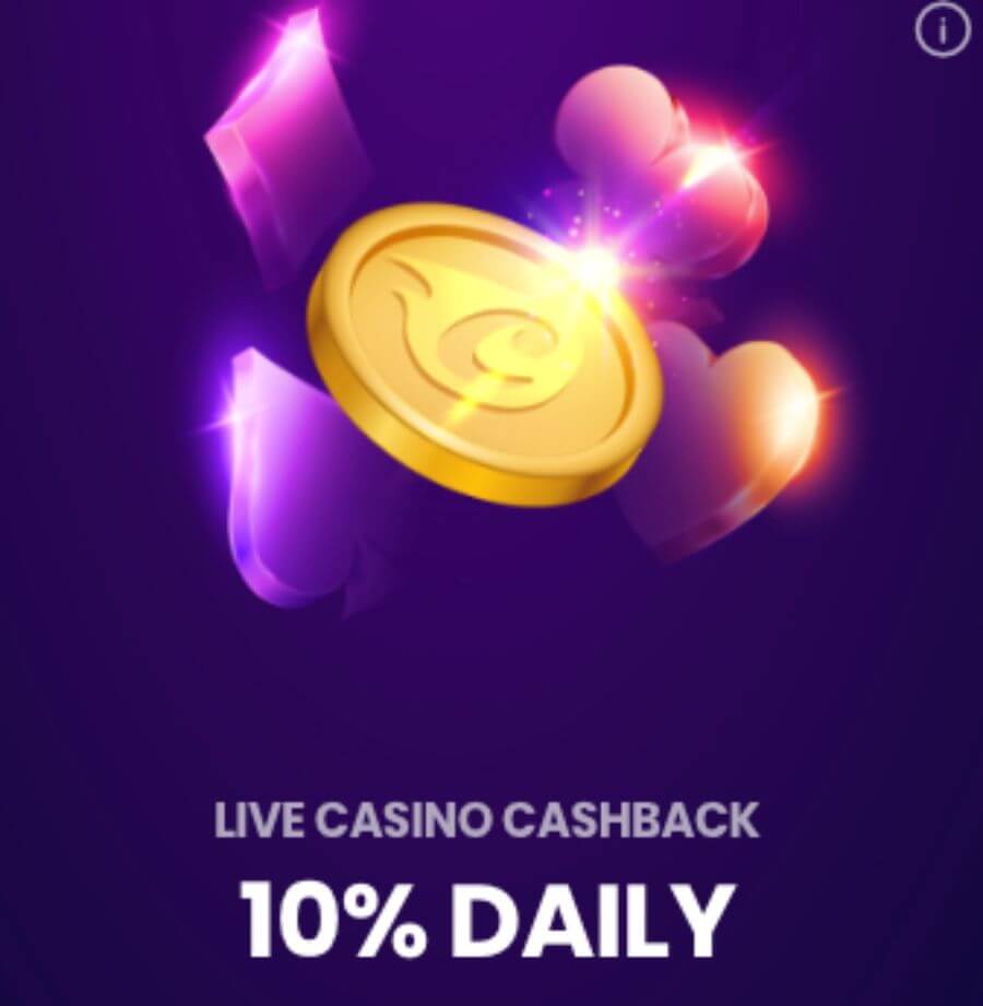 Each month, choose from three Daily Cashback offers: Slot Games Cashback, Live Games Cashback, and Crypto Cashback. Your VIP level determines the cashback percentage and bonus cap.