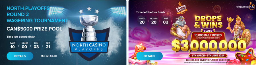Discover exciting seasonal competitions under the 'Tournaments' tab, like North Playoffs, Drop & Wins, and BGaming Drop Frenzy. Participate and win a share of the prize pool as new tournaments frequently pop up.