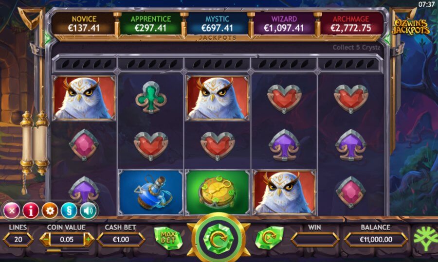 The game <strong>launches with a captivating video</strong> scene depicting Ozwin's transformation into an owl, setting the stage on the 5x3 grid.