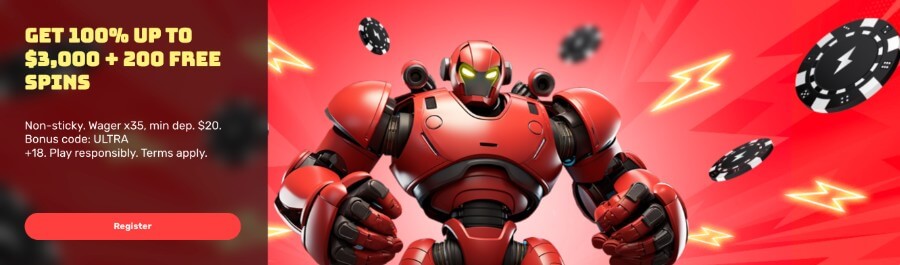 New players can enjoy a generous welcome offer of 100% up to $3,000 plus 200 free spins on their initial deposit! Ensure to deposit at least $20 and use code 'ULTRA' to activate.