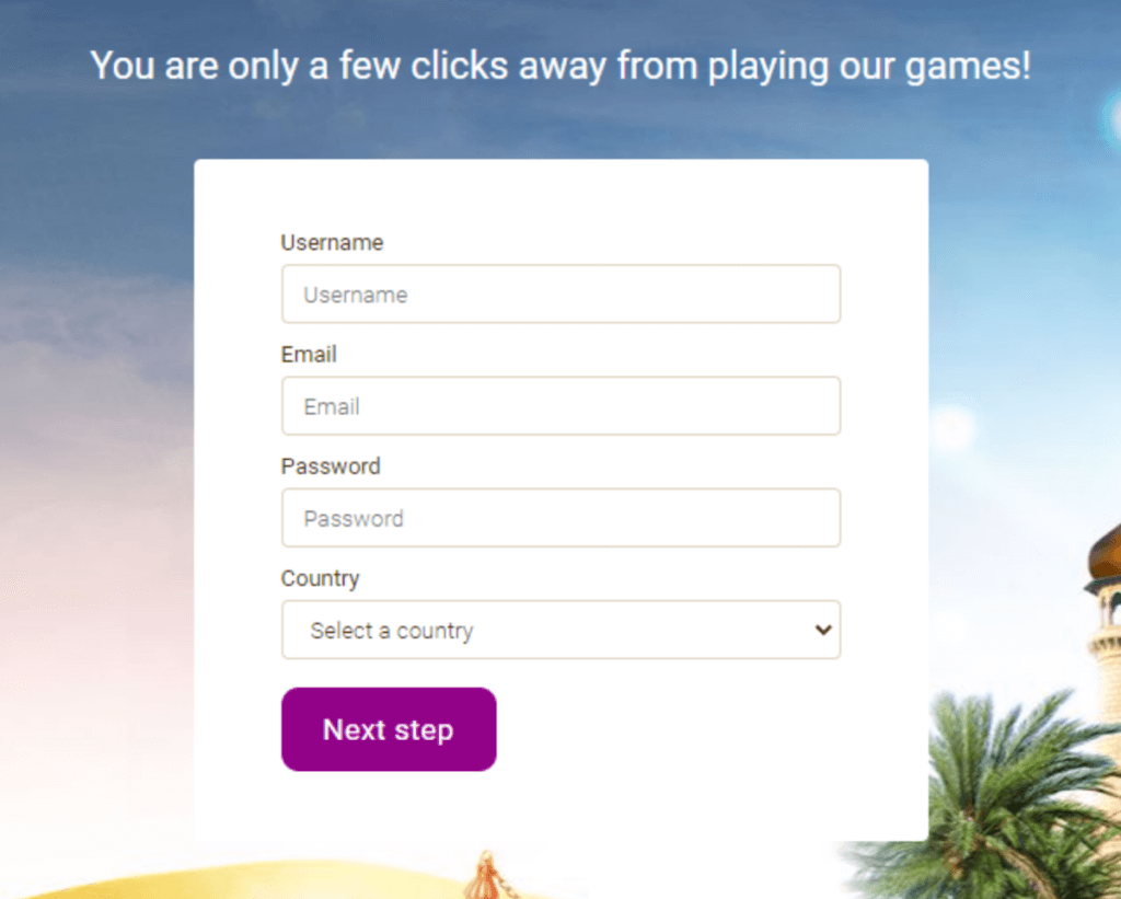 Signing up for Wild Sultan Casino